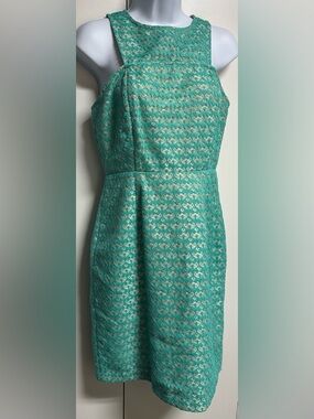 J Taylor Bluish Green Lace Tan Luned underlay Sleeveless Dress NWT